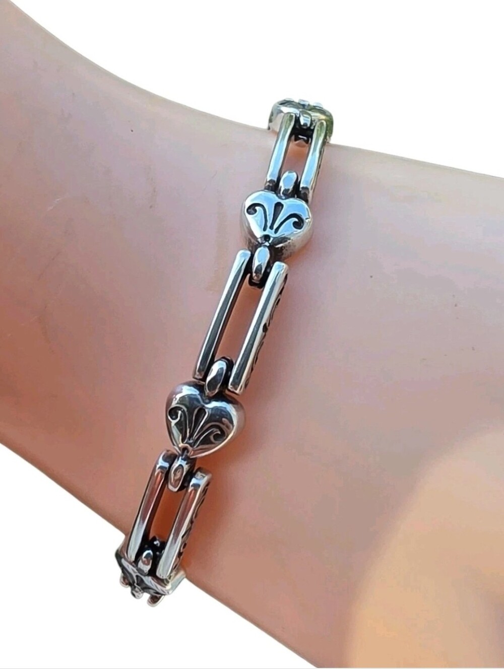 Brighton Pompeii Hearts Scrolled Bar Link Bracelet Silver Tone 8"
